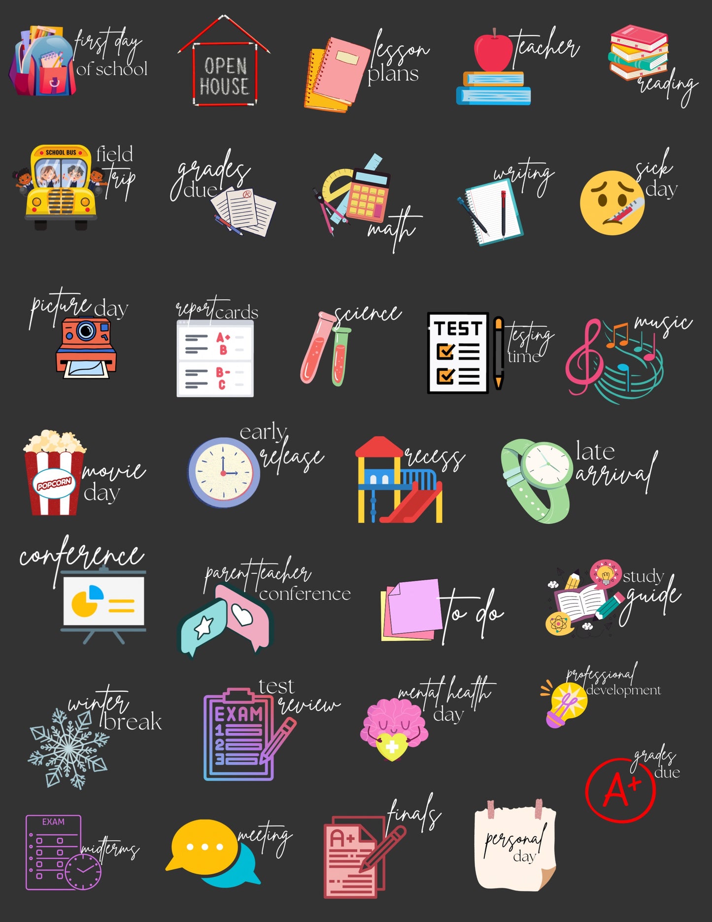 Dark Teacher Icons (For dark mode planner)